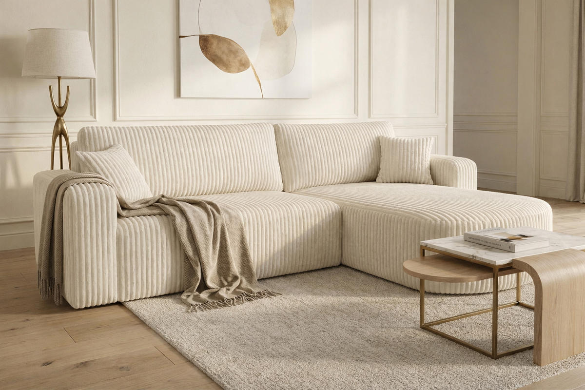 ECKSOFA Mit Schlaffunktion, Cordstoff Tilia, Ecru, Rechts, ROUND ONE XL - Ecru, Holz (271/175cm) - Kaiser Möbel