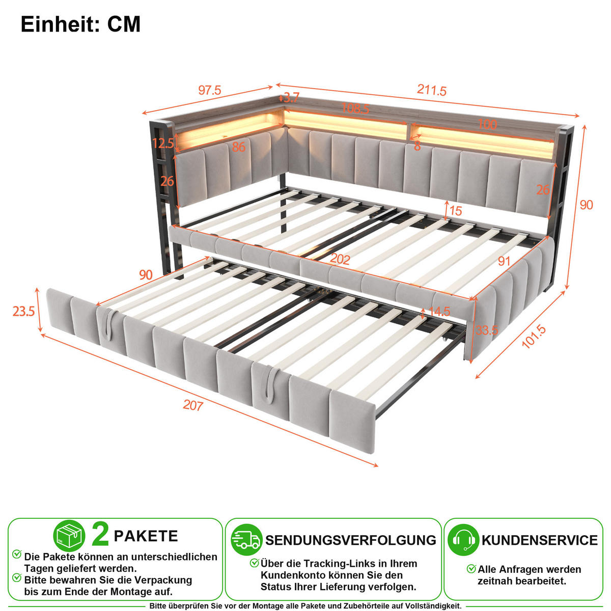 SCHLAFSOFA 90/200 cm & 90/190 cm in Hellgrau Samt mit LED, USB, Type-C und Ablage - Hellgrau, Holzwerkstoff/Textil (90/200cm) - CHICFURN