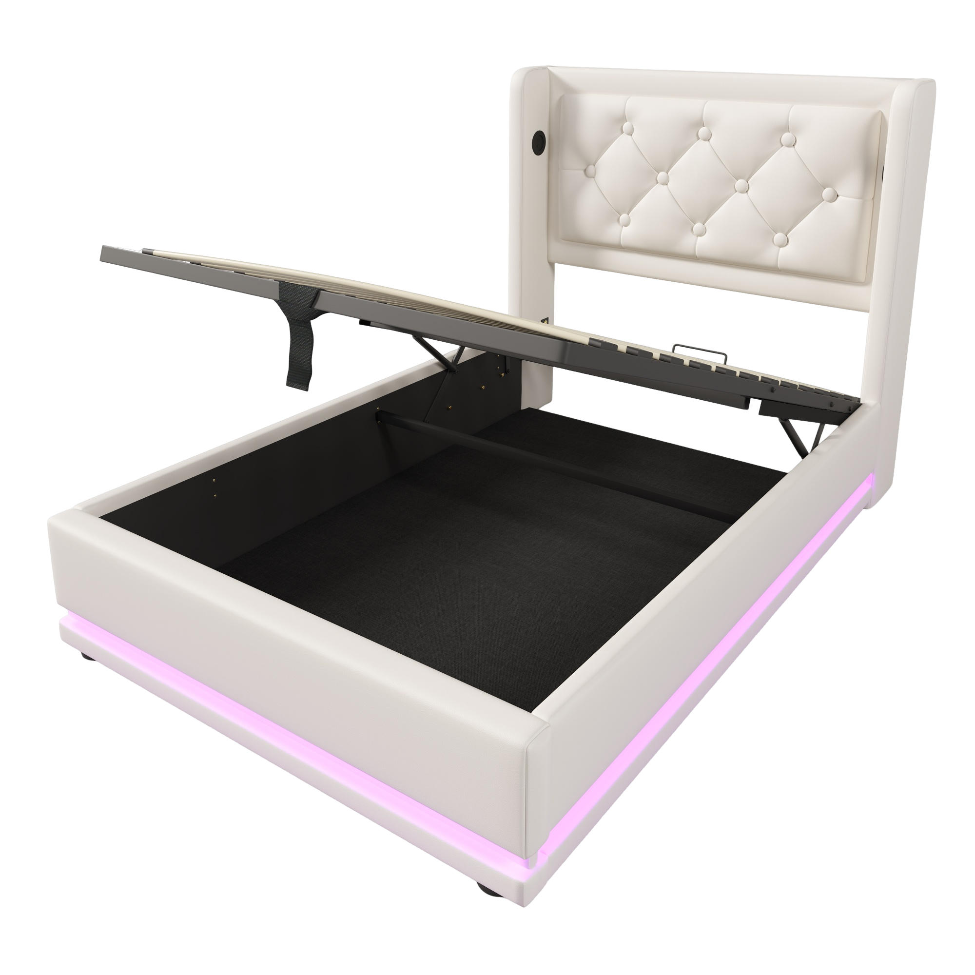POLSTERBETT 90/200 cm in Weiß mit USB-Typ-C-Ladeanschluss und dreiseitiger LED-Beleuchtung - Weiß, Leder (90/200cm) - Oxeza