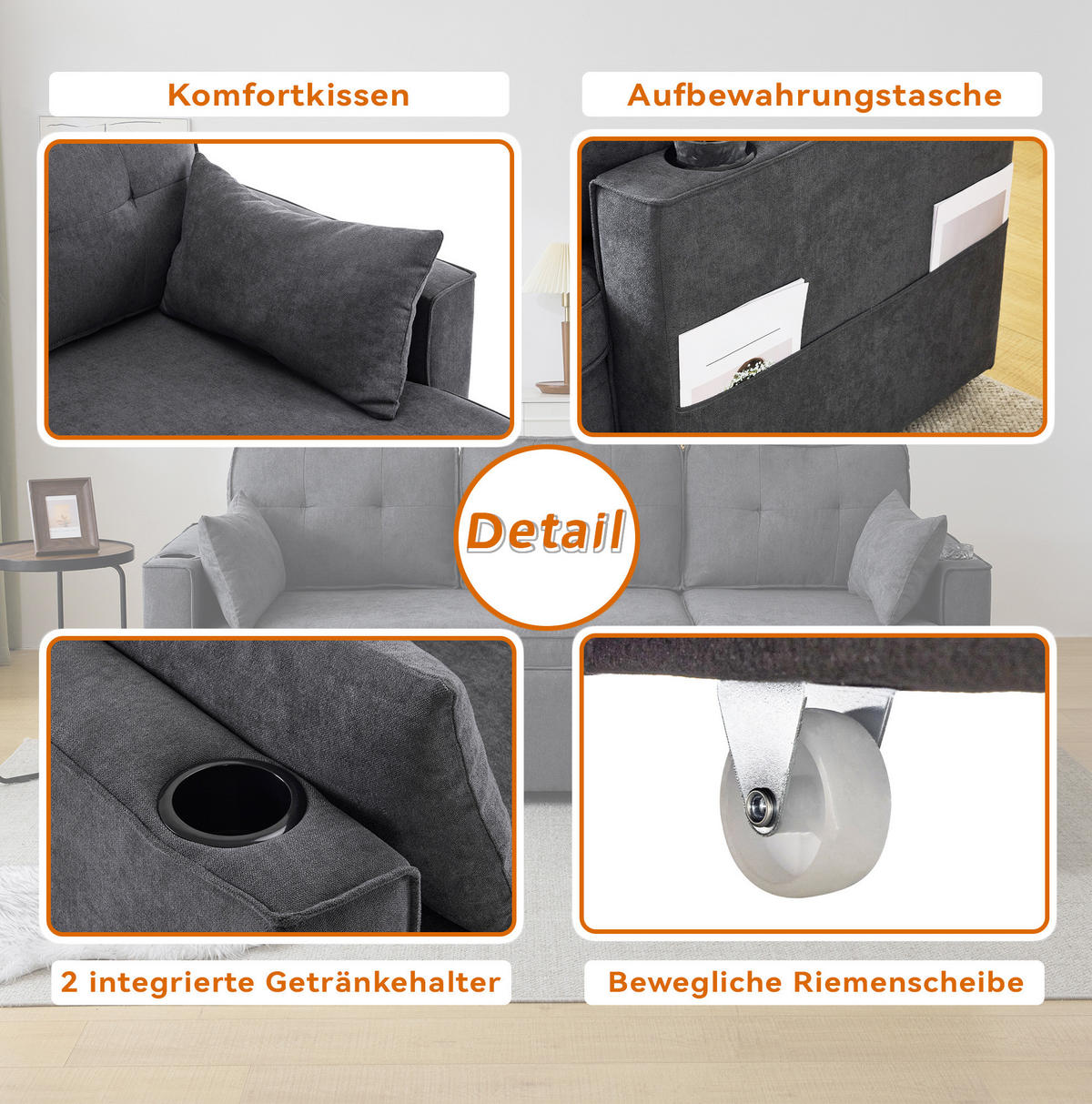 SCHLAFSOFA Baumwolle/Leinen mit Stauraum & Getränkehalter, 211/130/86 cm, Grau - Grau, Textil (130/86/211cm) - Redom