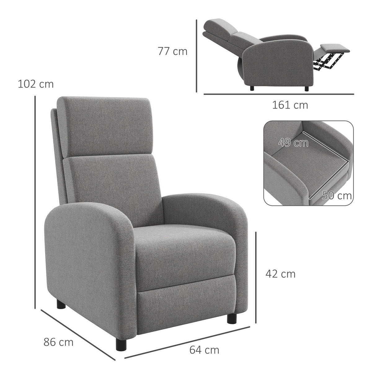 RELAXSESSEL gepolstert Fernsehsessel mit Liegefunktion bis 120 kg Belastbar Grau - Schwarz/Grau, Kunststoff/Textil (86/102/64cm) - HOMCOM