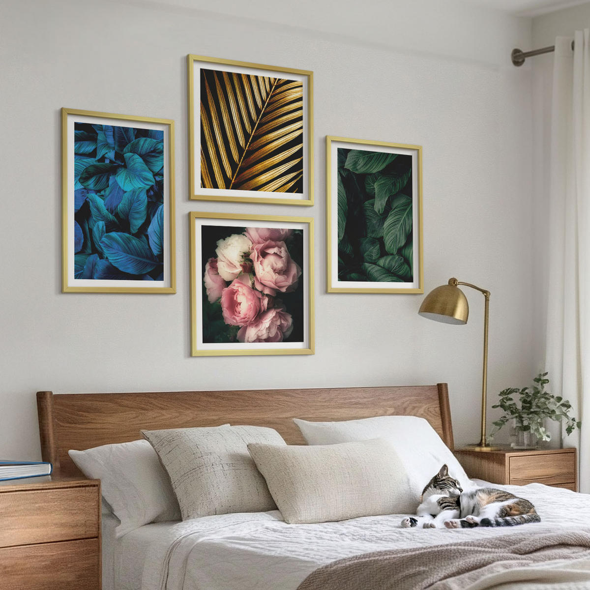 BILDER SET 4er Set - 50x50 cm & 40x60 cm Goldrahmen - Blätter und Blüten in verschiedenen Farben - Goldfarben, Kunststoff (50/50cm) - TULUP