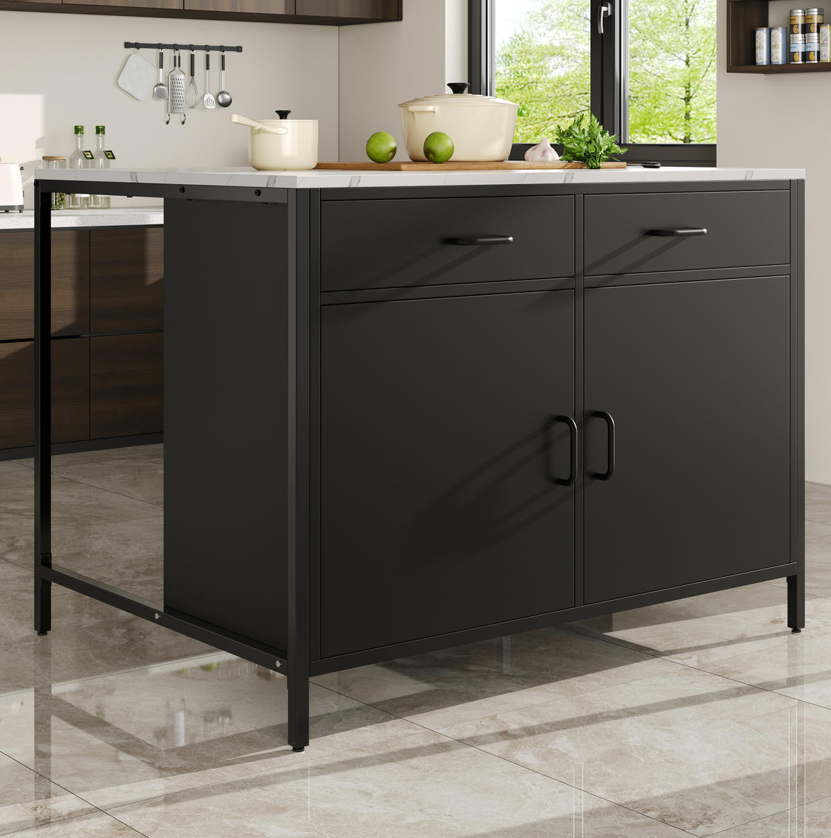 STEHTISCH 100x90x90cm Schwarz Marmoroptik mit 2 Schubladen & Eisenbeinen - Schwarz, Holzwerkstoff (100/90/90cm) - Modfu
