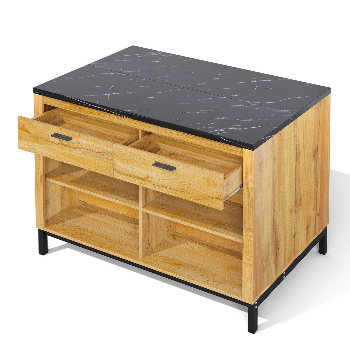 KÜCHENINSEL 120/75/90 cm mit 2 Schubladen, 4 offenen Regalen, Barbereich und MDF-Arbeitsplatte, Schwarz/Natur - Naturfarben, Holzwerkstoff (75/90/120cm) - Redom