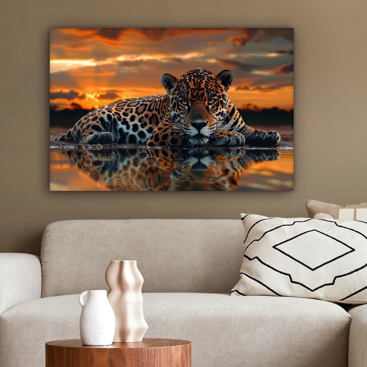 LEINWANDBILD Natur - Leopard - Tier - Sonnenuntergang - Modern Wanddeko 90x60 cm - Orange, Textil (90/60cm) - MuchoWow