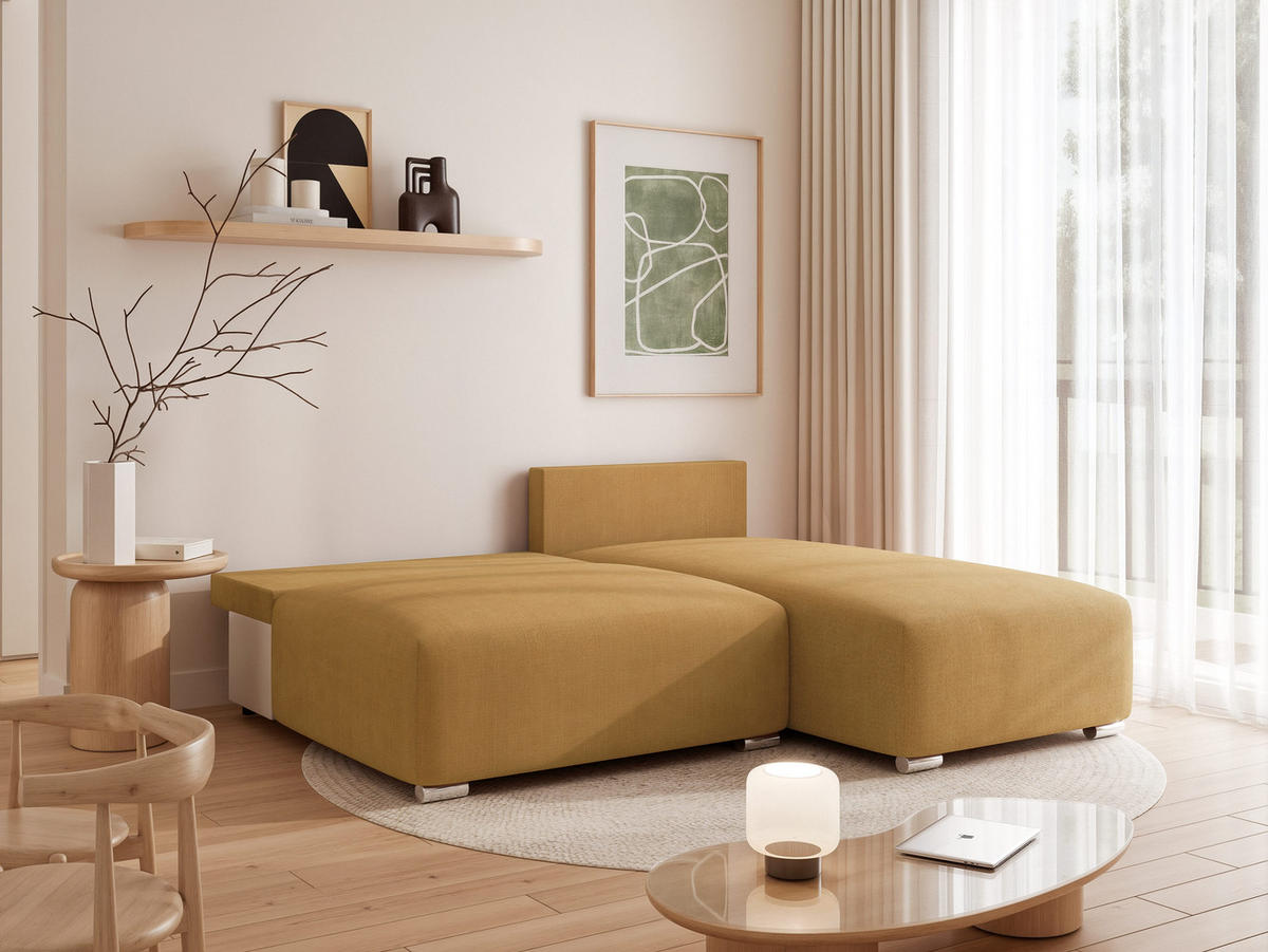 ECKSOFA ELVO mit Schlaffunktion und Bettkasten Gelb - Gelb, Holzwerkstoff/Kunststoff (208/190cm) - Idohome