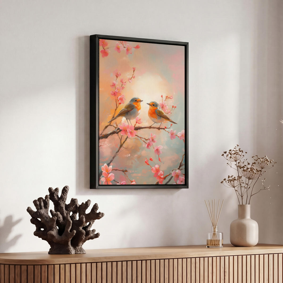 LEINWAND Bilder mit Rahmen - Rotkehlchen - Zierpflanze - Blütenzweig - 20x30 - Hellrosa, Textil (20/30cm) - MuchoWow