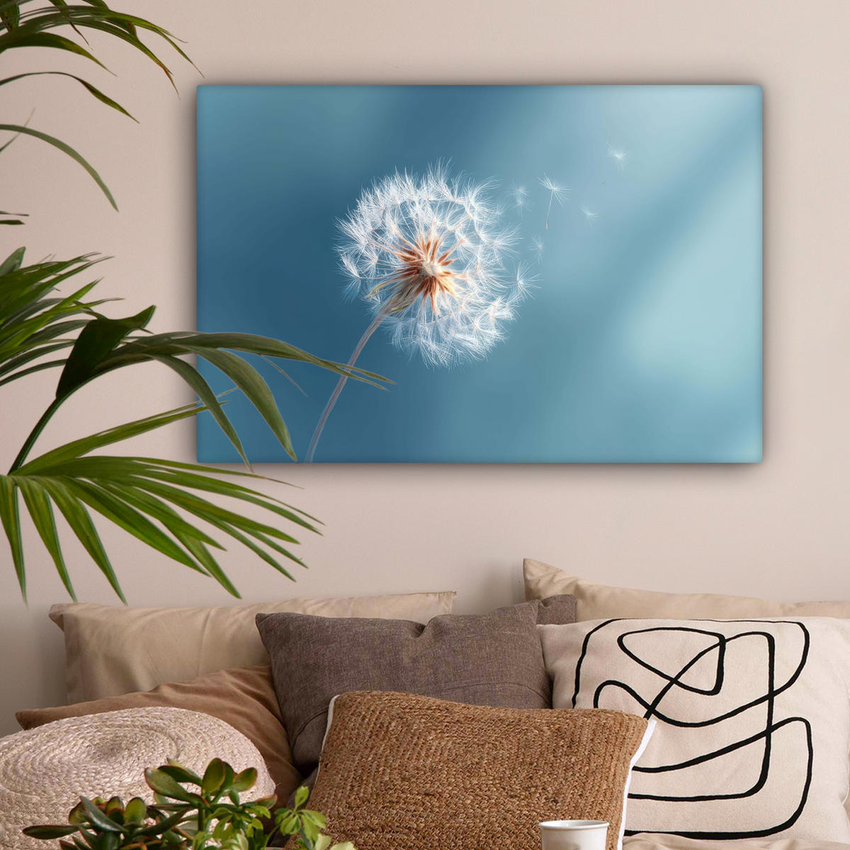 LEINWANDBILD Löwenzahn - Wind - Blau Gemälde 60x40 cm - Blaugrau, Textil (60/40cm) - MuchoWow