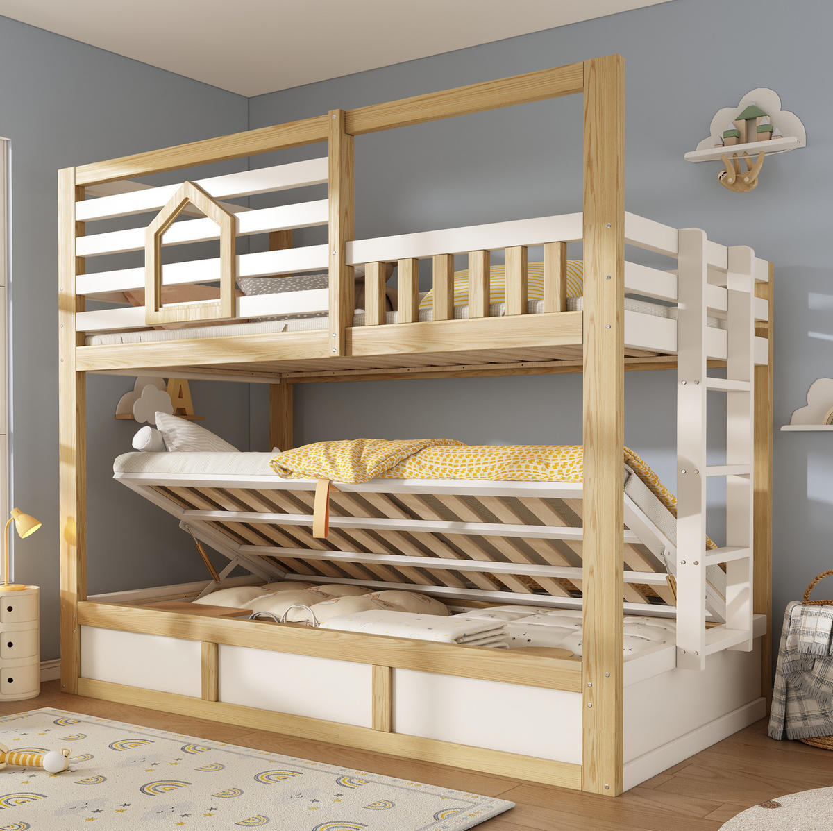 ETAGENBETT 90/200 cm weiß/eichefarben aus Holz mit Stauraum - Eichefarben, Holzwerkstoff (90/200cm) - OKWISH