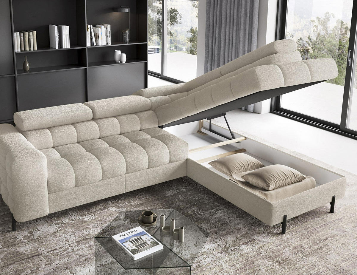 WOHNLANDSCHAFT FERUCCE Ecksofa L-Form – Polsterecke mit Schlaffunktion, Bettkasten & verstellbaren Kopfstützen 276 cm - Hellgrau, Kunststoff (276/200cm) - Wohnideebilder