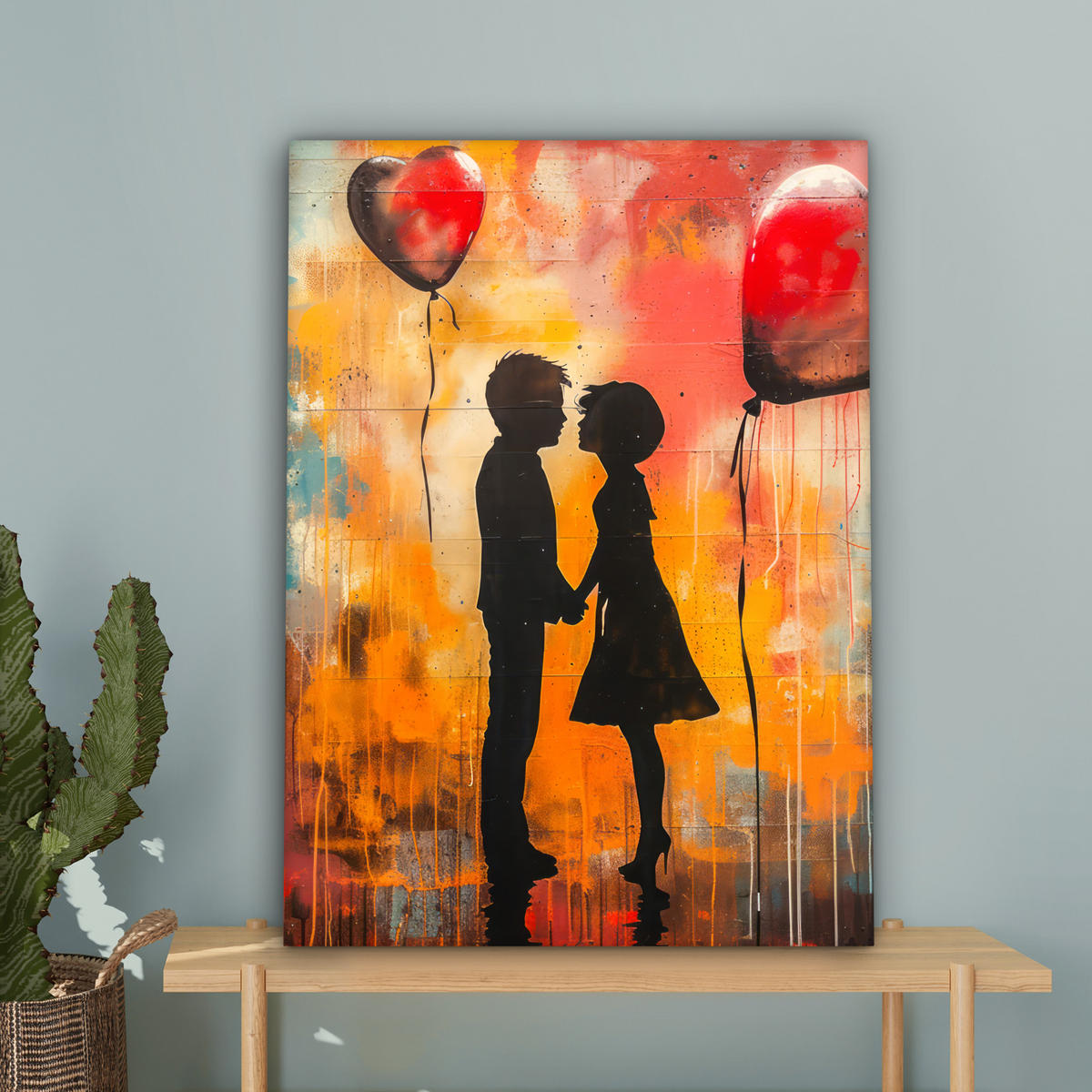 LEINWANDBILD Straßenkunst - Liebe - Graffiti - Kunst - Banksy Wandbild Wohnzimmer 60x80 cm - Orange, Textil (60/80cm) - MuchoWow