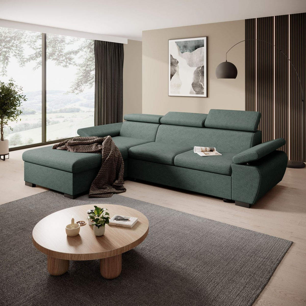 ECKSCHLAFSOFA Coco mit verstellbare Kopfstützen, dunkelgrün, links - Dunkelgrün, Textil (273/191cm) - Beautysofa