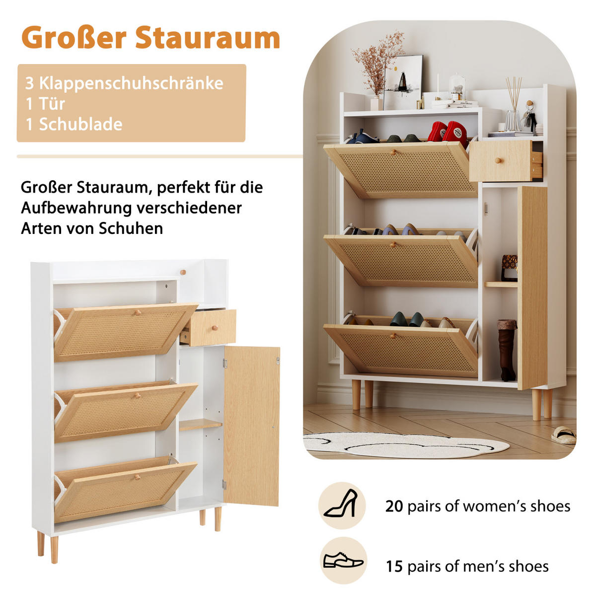 SCHUHSCHRANK Rattanoptik Weiß mit 3 Klappen, Schublade und Massivholzbeinen - Naturfarben, Holz (90/125/17cm) - PARAFTA HOME