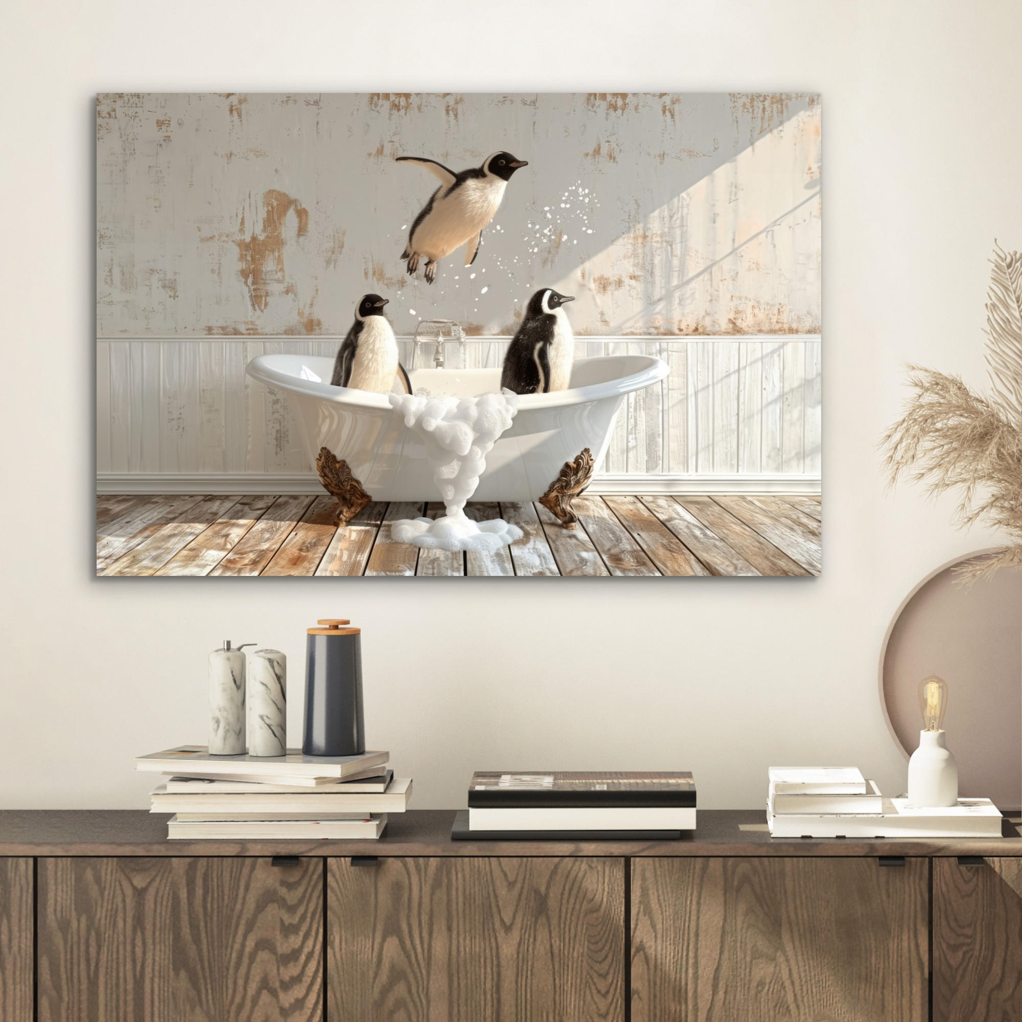 METALLBILD Vintage - Pinguin - Badewanne - Schaumstoff 60x40 cm - Schwarz, Metall (60/40cm) - MuchoWow