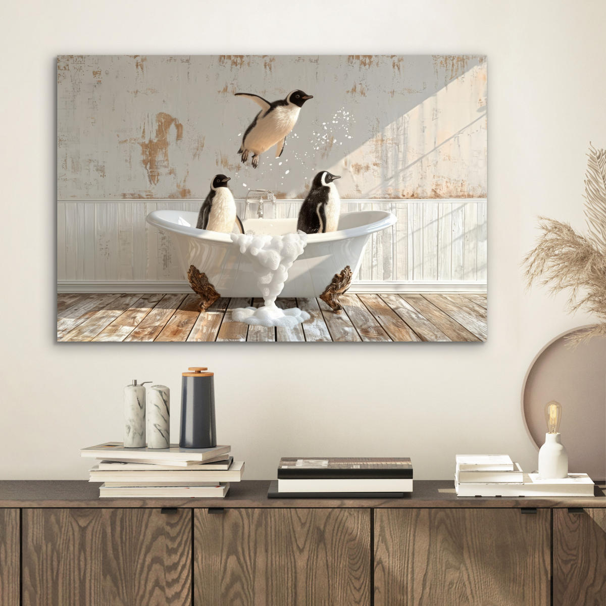 METALLBILD Vintage - Pinguin - Badewanne - Schaumstoff 60x40 cm - Schwarz, Metall (60/40cm) - MuchoWow