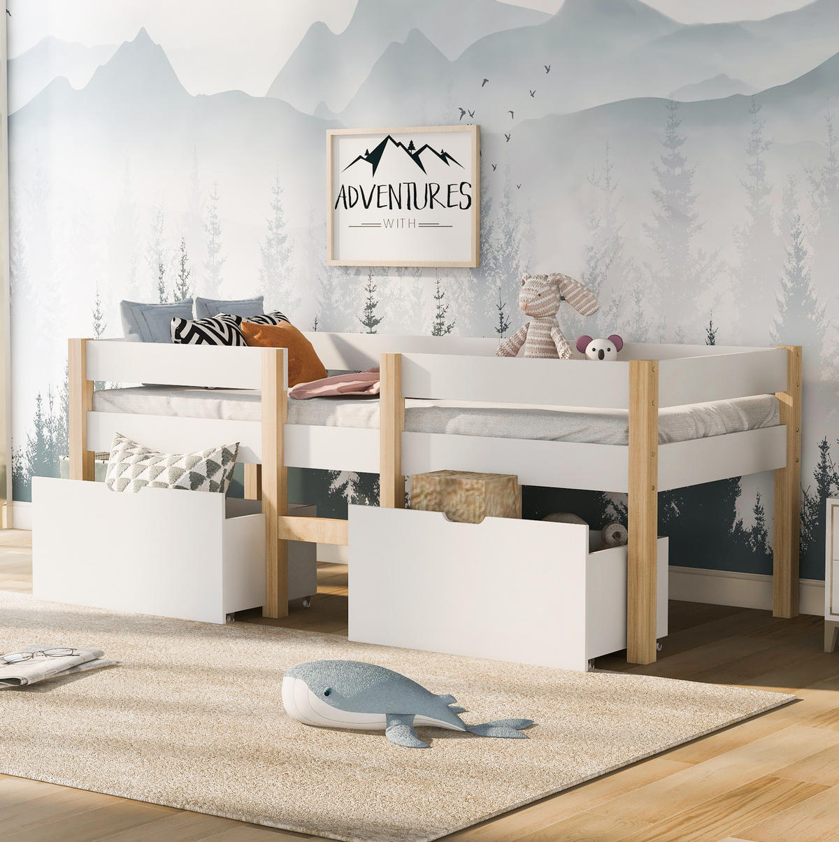 HOCHBETT 90/200 cm Weiß aus Kiefer-Massivholz mit Schubladen und Rausfallschutz - Weiß, Holz (90/200cm) - OKMYHOME
