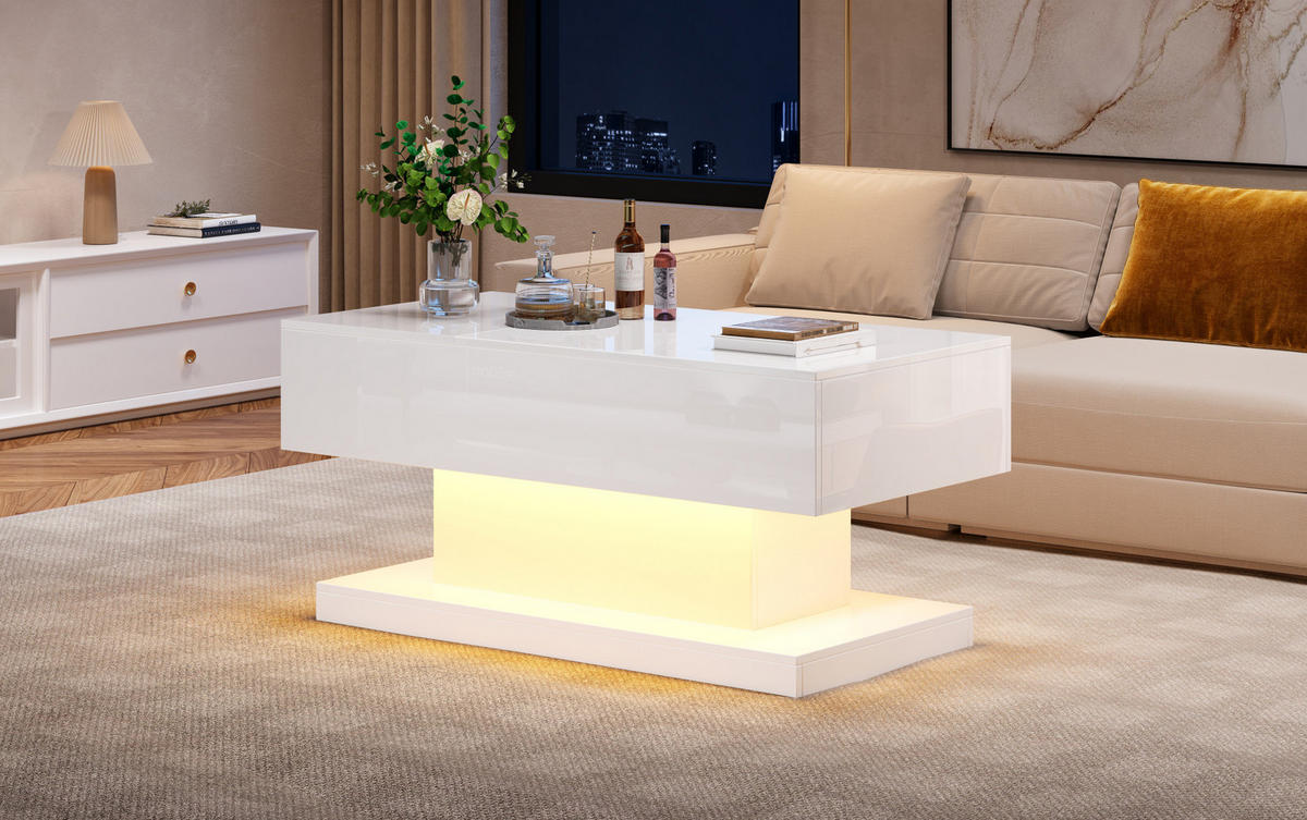 COUCHTISCH 100/50/45 cm in Weiß mit Hochglanz, LED-Beleuchtung und Stauraum - Weiß, Holzwerkstoff (100/50/45cm) - Flora Grace