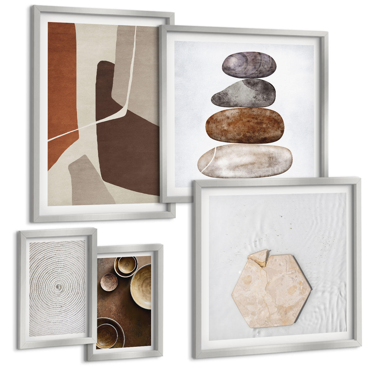 BILDER SET 5er Set - 50x50 cm & 20x30 cm & 40x60 cm Silberner Rahmen - Texturen in der modernen Kunst - Silberfarben, Kunststoff (40/60cm) - TULUP