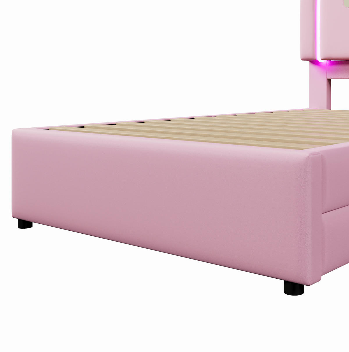 POLSTERBETT 90/200 cm mit LED-Leuchtleiste, 2 Schubladen und Einhorn-Design, Rosa - Rosa, Kunststoff (90/200cm) - Redom