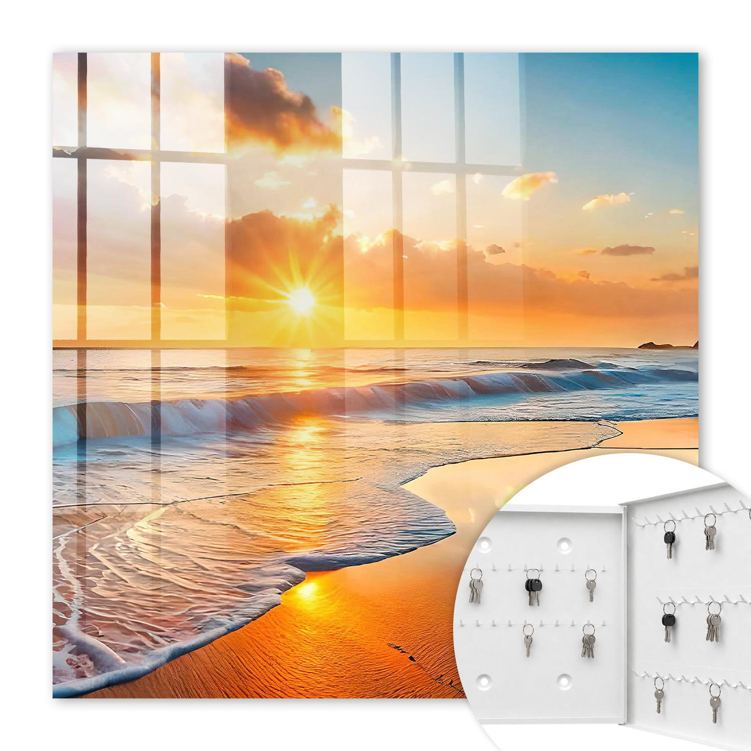 SCHLÜSSELBOX Weiß 30x30 cm – Türöffnung nach rechts - Sonnenuntergang über dem Meer - Orange, Metall (30/30/5cm) - TULUP
