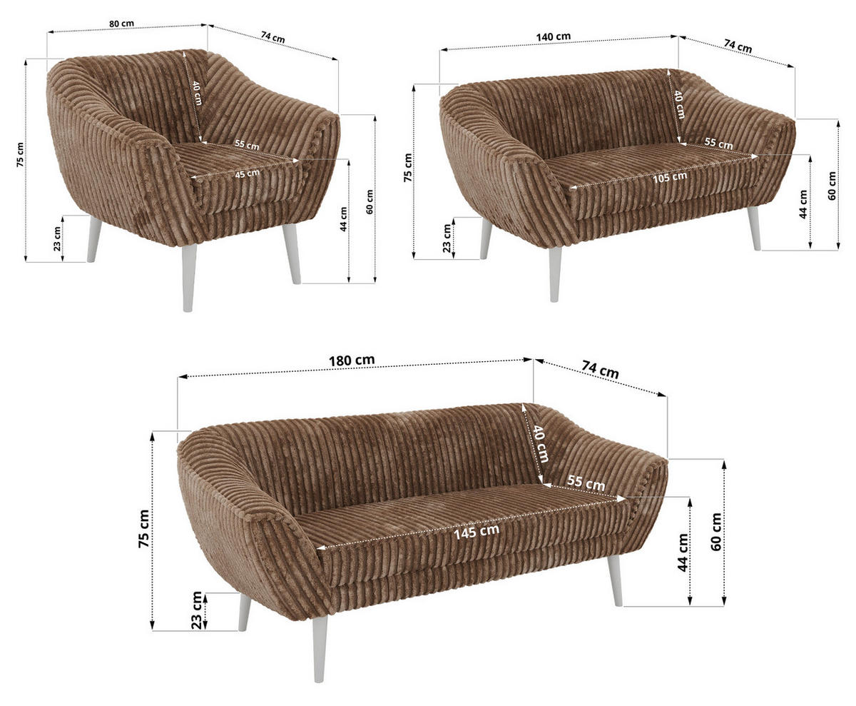 SITZGARNITUR PIRS 3+2+1 - Braun Cord - Weiße Beine - Braun/Weiß, Holzwerkstoff/Textil (180/75/74cm) - MKS