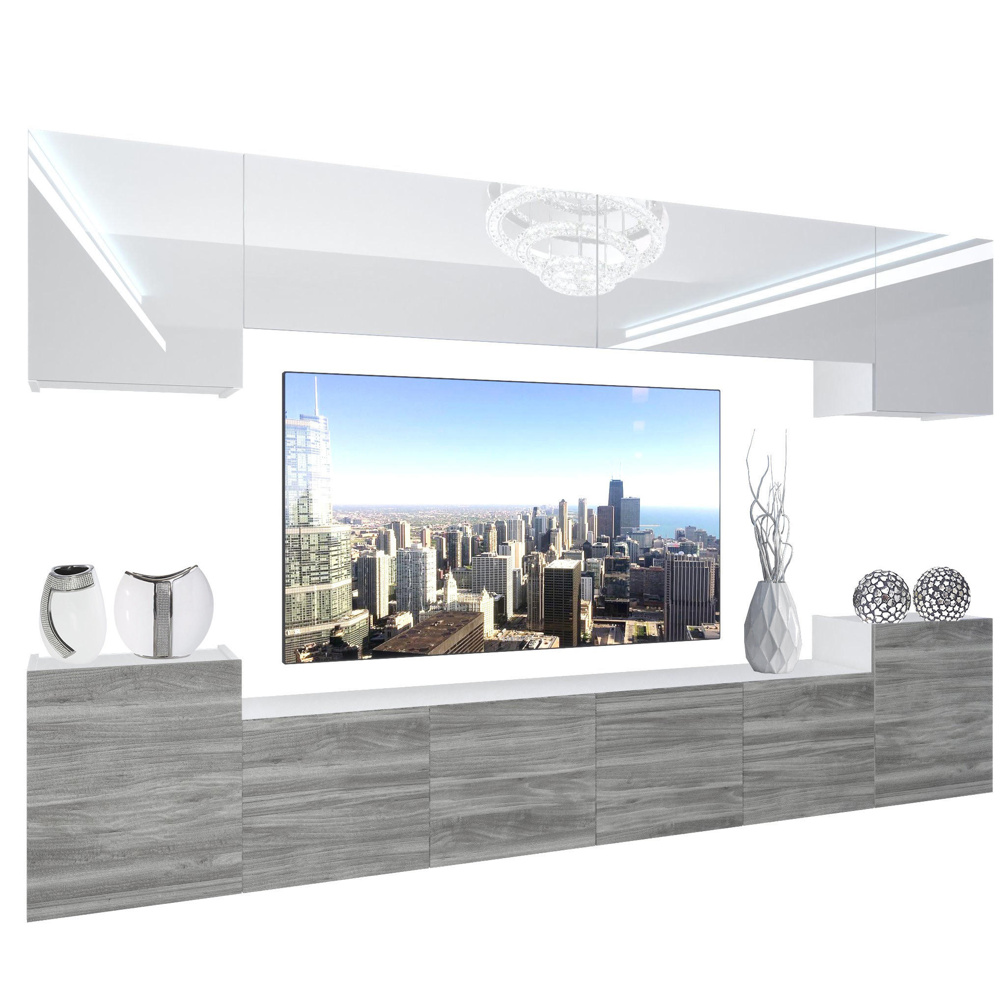 WOHNZIMMERWAND Schrankwand mit LED Weiß / Glamourholz - Weiß/Grau, Holz (300/180/36cm) - B BELINI GROUP