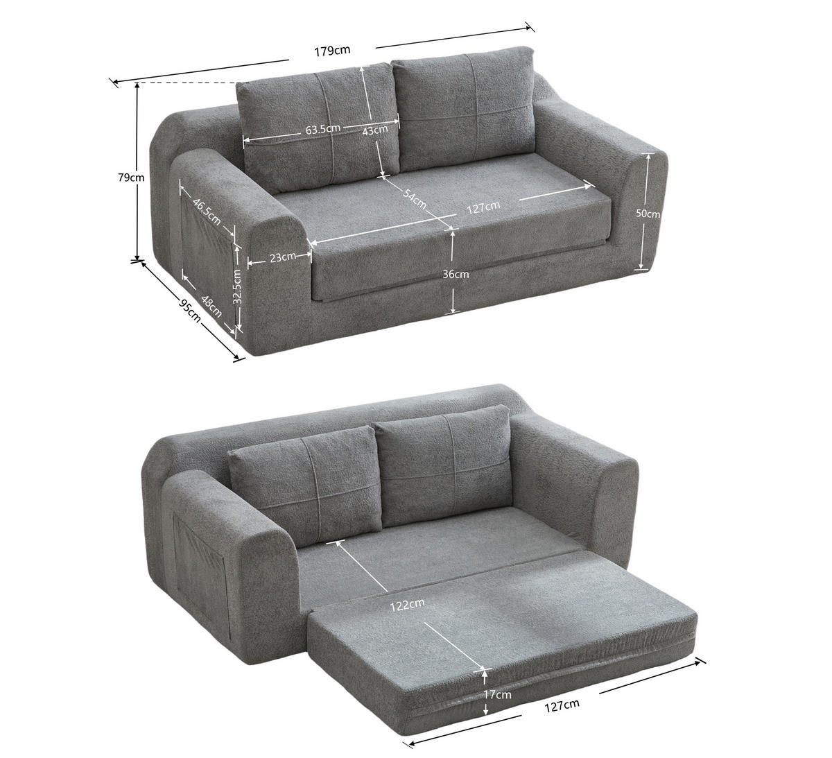 SOFA-BETT klappbar 2-in-1 Stoff Dunkelgrau - Dunkelgrau, Holzwerkstoff (178/61.5/96cm) - Meubliv