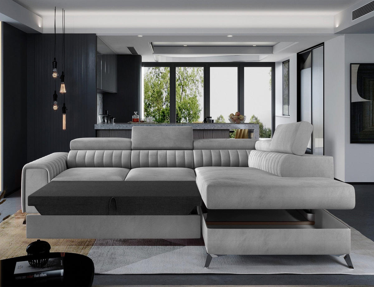 ECKSOFA Laurence mit Schlaffunktion & Bettkasten – 278 x 205 cm, verstellbare Kopfstützen - Grau, Kunststoff (278/205cm) - Wohnideebilder