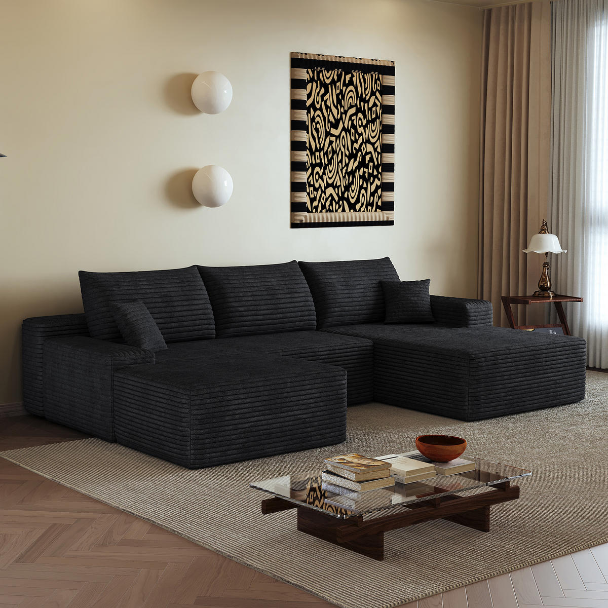 WOHNLANDSCHAFT DE-34857 U-Form 2-Sitzer Chaiselongue rechts Schwarz - Schwarz, Textil (175/83/270cm) - ComfortXL