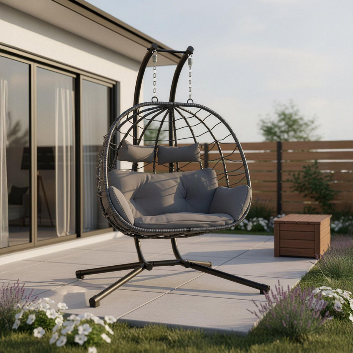 XXL-KORBHÄNGESESSEL Aria grau inkl. waschbare Bezüge - Grau, Kunststoff/Metall (130/197/127cm) - Juskys