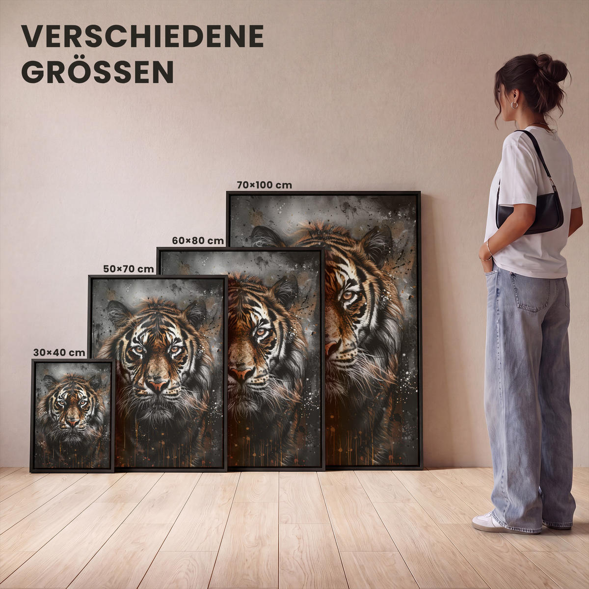 LEINWAND Bilder mit Rahmen - Tiger - Tiere - Porträt - Luxus - Schwarz - 50x70 - Braun, Textil (50/70cm) - MuchoWow