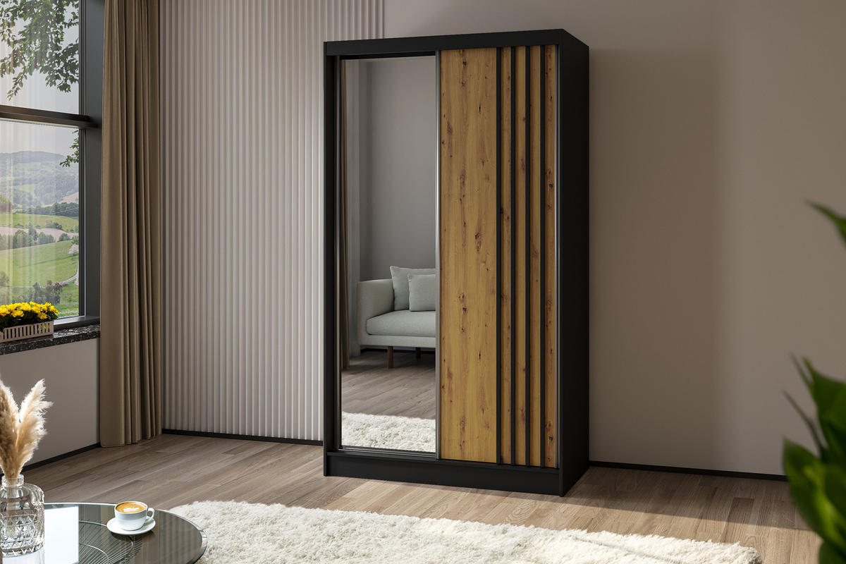 KLEIDERSCHRANK mit Spiegel-Schiebetüren und Aluminium-Leisten, LED-Beleuchtung - NALLA - 120 cm Schwarz+Artisan+Schwarz - Schwarz/Eiche Artisan, Holzwerkstoff (120/216/61cm) - ALTDECOR