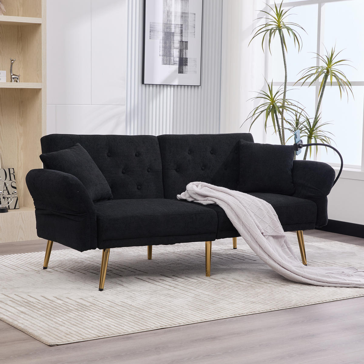 SCHLAFSOFA 2-Sitzer Chenille mit 3-fach verstellbarer Rückenlehne und USB-Anschluss Schwarz 173/78/78 cm - Schwarz, Textil (78/78/173cm)