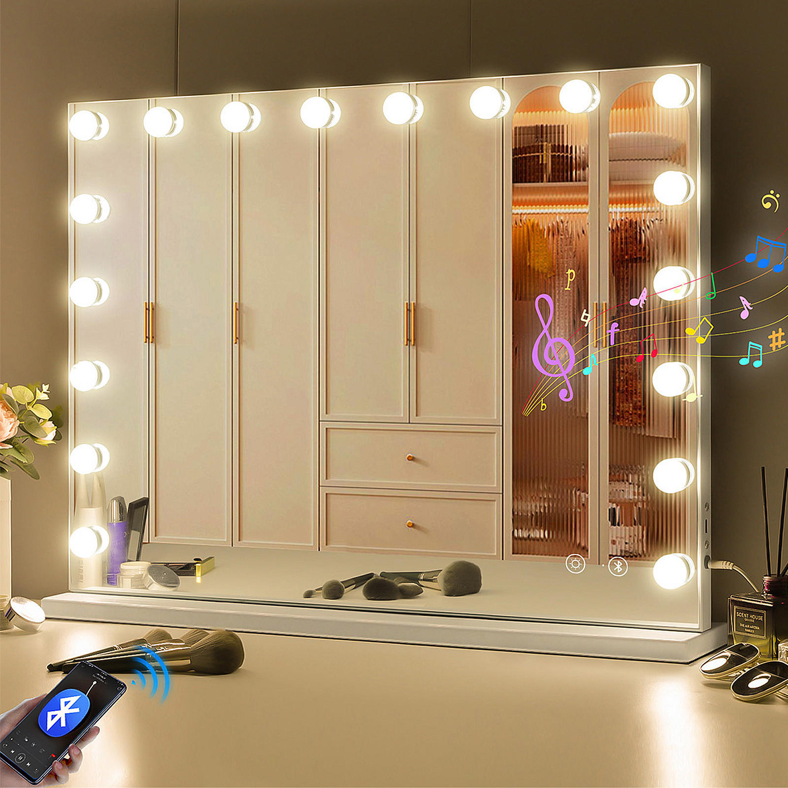 SPIEGEL mit Beleuchtung LED Bluetooth weiß 80/58 cm - Weiß, Metall (80/58/3cm) - VANITII