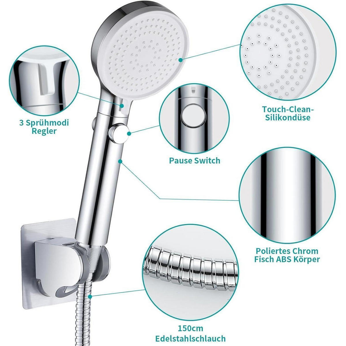 HANDBRAUSE Set mit 3 Strahlarten und Wassersparfunktion - Silberfarben, Metall (9/12.7/24.5cm)
