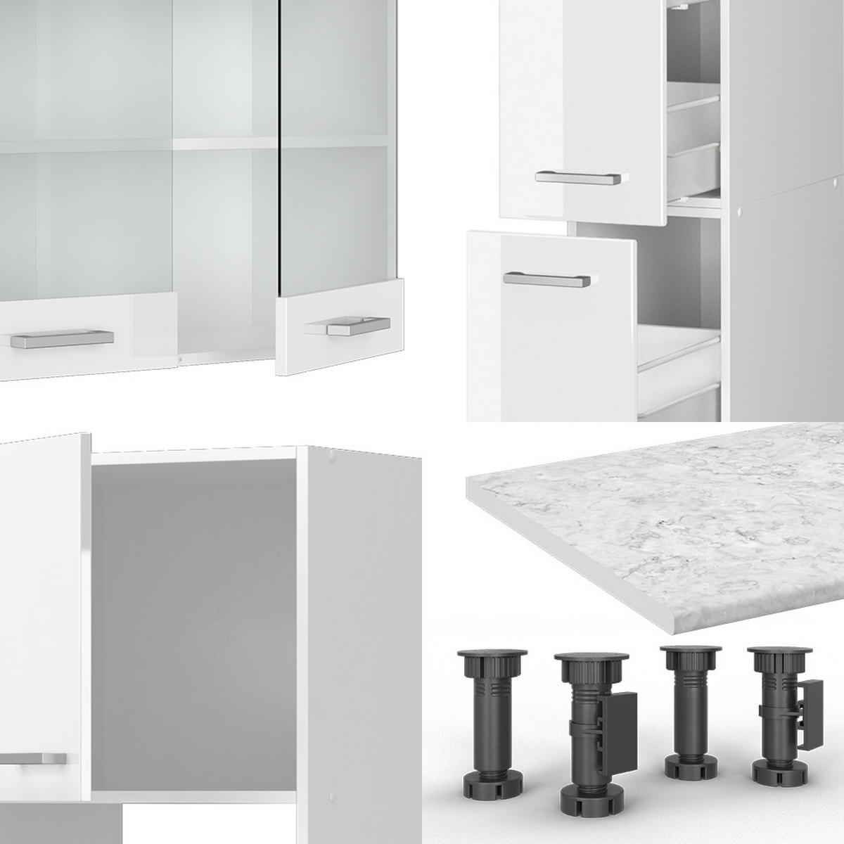 KÜCHENZEILE R-Line Weiß Hochglanz/Weiß 350 cm mit Hochschrank, ohne AP - Weiß Hochglanz/Weiß, Holzwerkstoff (350/81.6/46cm) - Vicco
