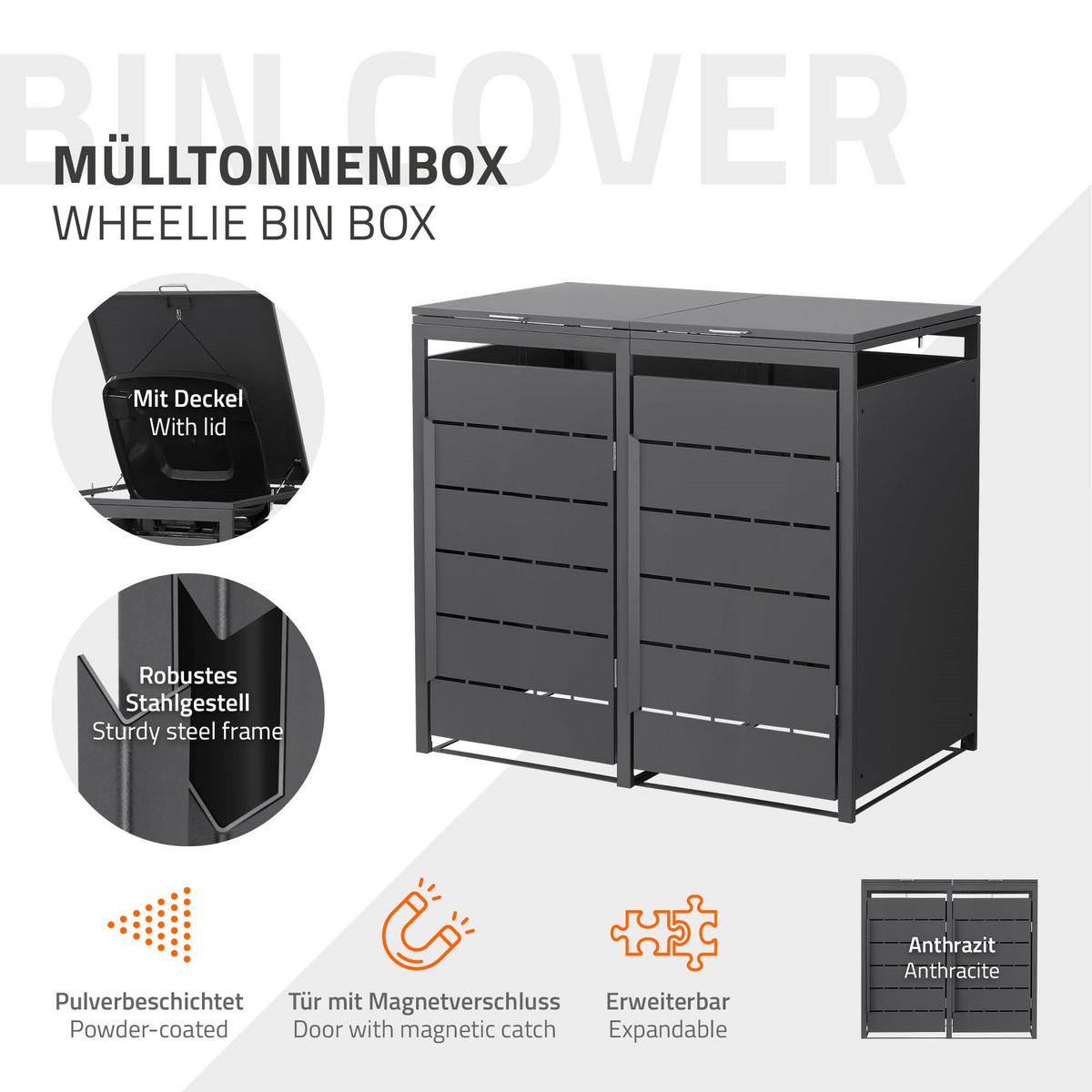 MÜLLTONNENBOX 2er 240L 132x80x120 cm Anthrazit aus Stahl wetterfest - Anthrazit, Metall (80/120/132cm) - ML-DESIGN