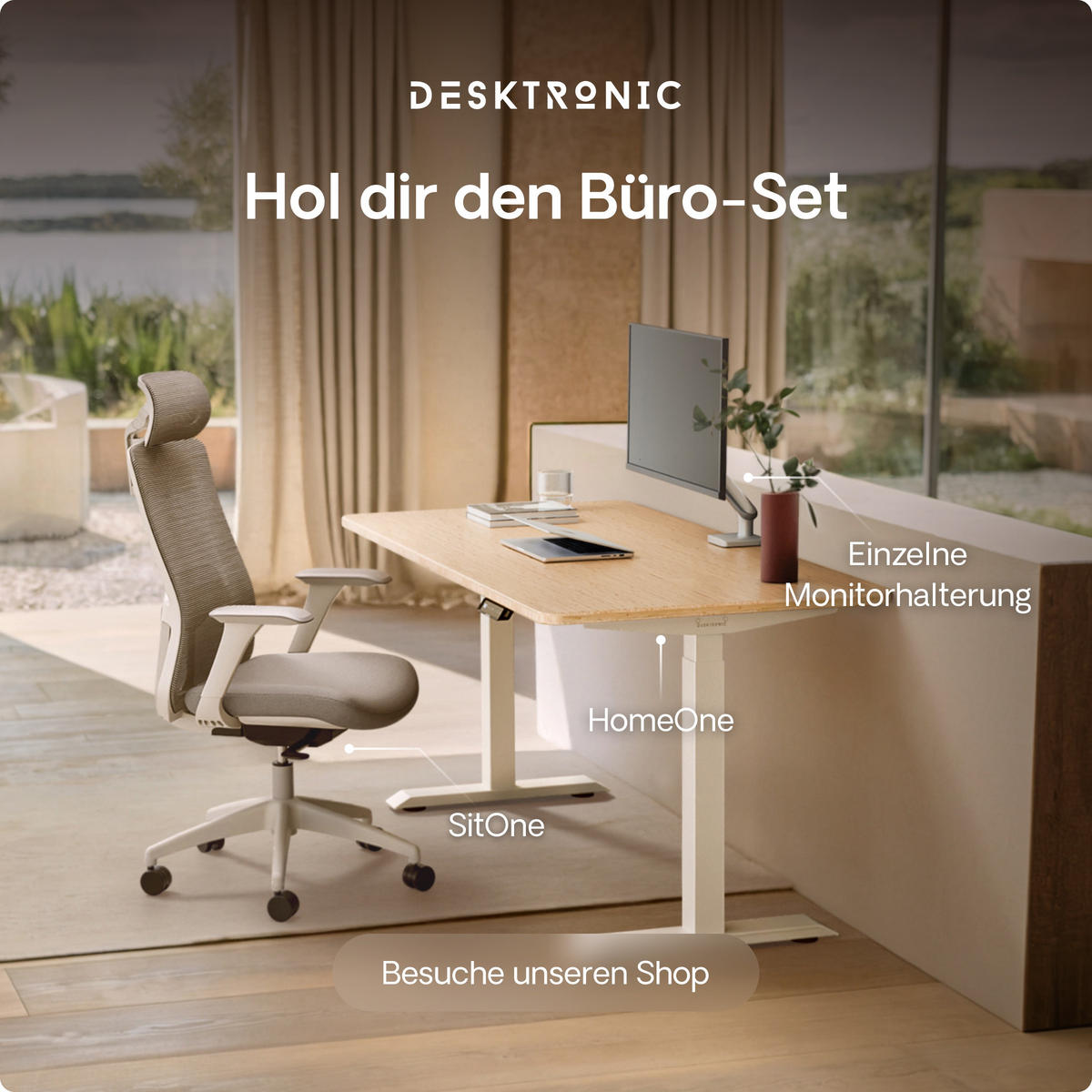 SCHREIBTISCH Elektrisch Höhenverstellbarer HomeOne 140x70cm Weiß/Bambus mit Memory-Funktion, Anti-Kollisions Technologie - Hellgelb/Weiß, Holz (70/140/72cm) - Desktronic