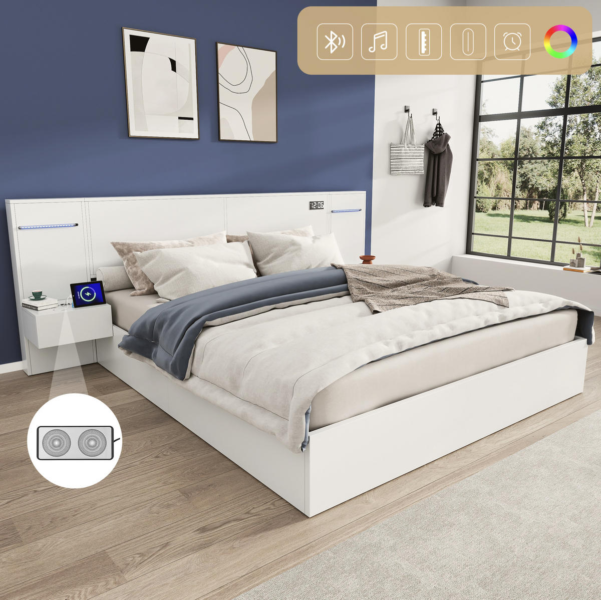ČALÚNENÁ posteľ z MDF, 160/200 cm biela, s USB, Bluetooth a osvetlením - biela, kompozitné drevo (160/200cm) - BEAOK
