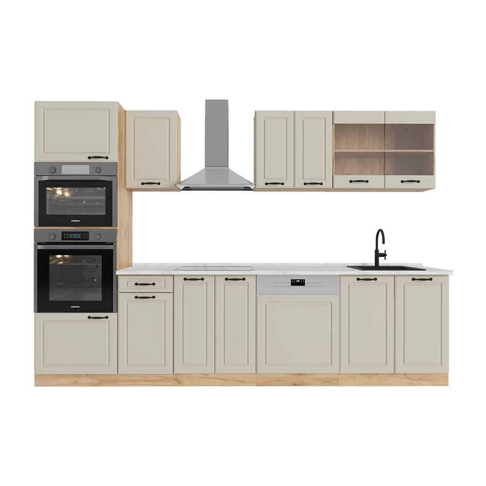 KÜCHENZEILE R-Line, Sand Landhaus/Goldkraft Eiche, 300 cm Arbeitsplatte Marmor - Honigeiche/Beige, Holzwerkstoff (300/206.8/60cm) - Vicco