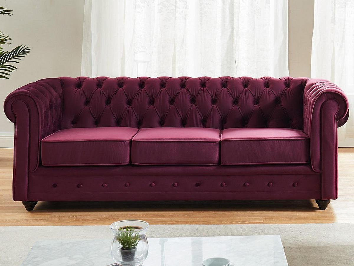 SOFA 3-Sitzer - Samt - Pflaumenfarben - CHESTERFIELD - Bordeaux, Textil (205/72/88cm) - Vente-Unique