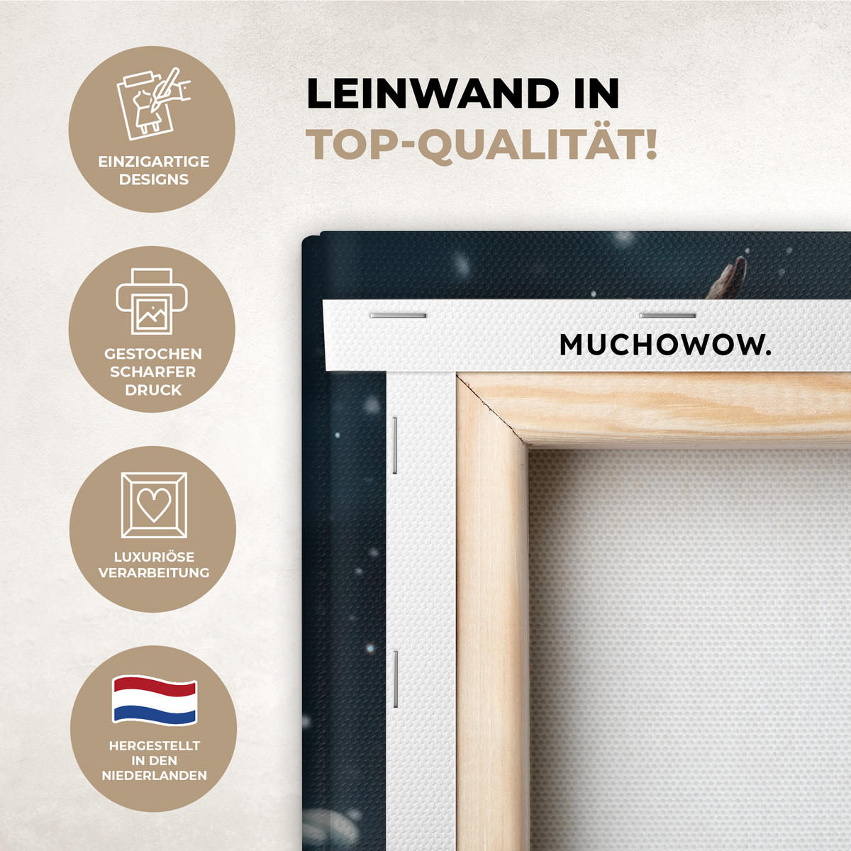 LEINWANDBILD Hirsch - Weihnachten - Winter - Schnee - Weihnachtskranz 60x80 cm - Dunkelbraun, Textil (60/80cm) - MuchoWow