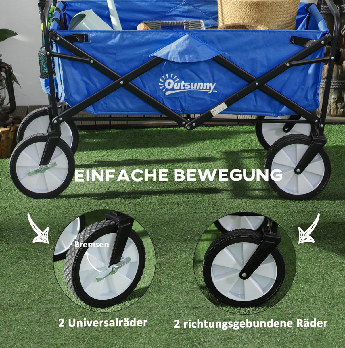 GARTENKARRE klappbar, 68 kg Nutzlast, mit Bremsen und verstellbarem Griff - Dunkelblau, Metall (49/100/93cm) - BEAOK