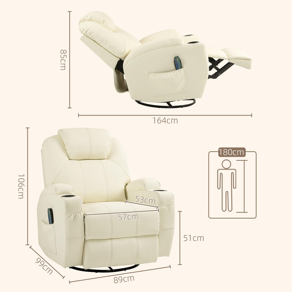 RELAXSESSEL mit Massagefunktion, Elektrisch Fernsehsessel mit Liegefunktion - Creme/Schwarz, Leder/Kunststoff (99/106/89cm) - HOMCOM