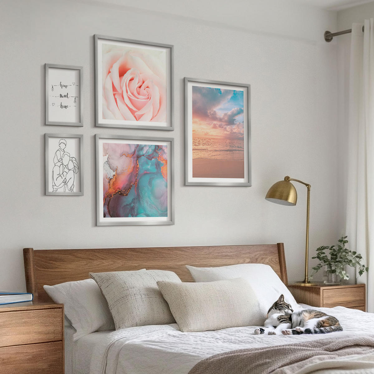 BILDER SET 5er Set - 50x50 cm & 20x30 cm & 40x60 cm Silberner Rahmen - Blumenfamilie minimalistisch - Silberfarben, Kunststoff (40/60cm) - TULUP