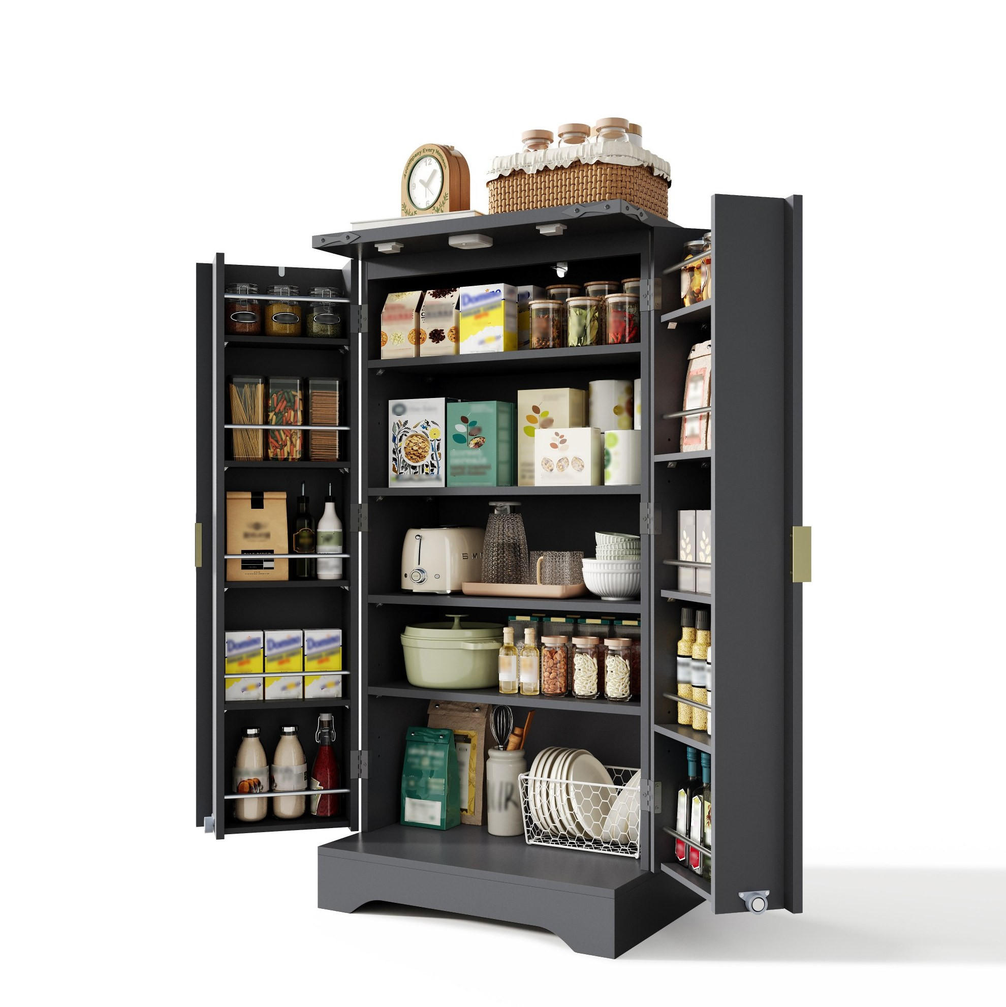 HOCHSCHRANK 120/60,5/40 cm mit LED-Sensorlicht, verstellbaren Böden und MDF-Front, Schwarz - Schwarz, Holzwerkstoff (60.5/120/40cm) - Redom