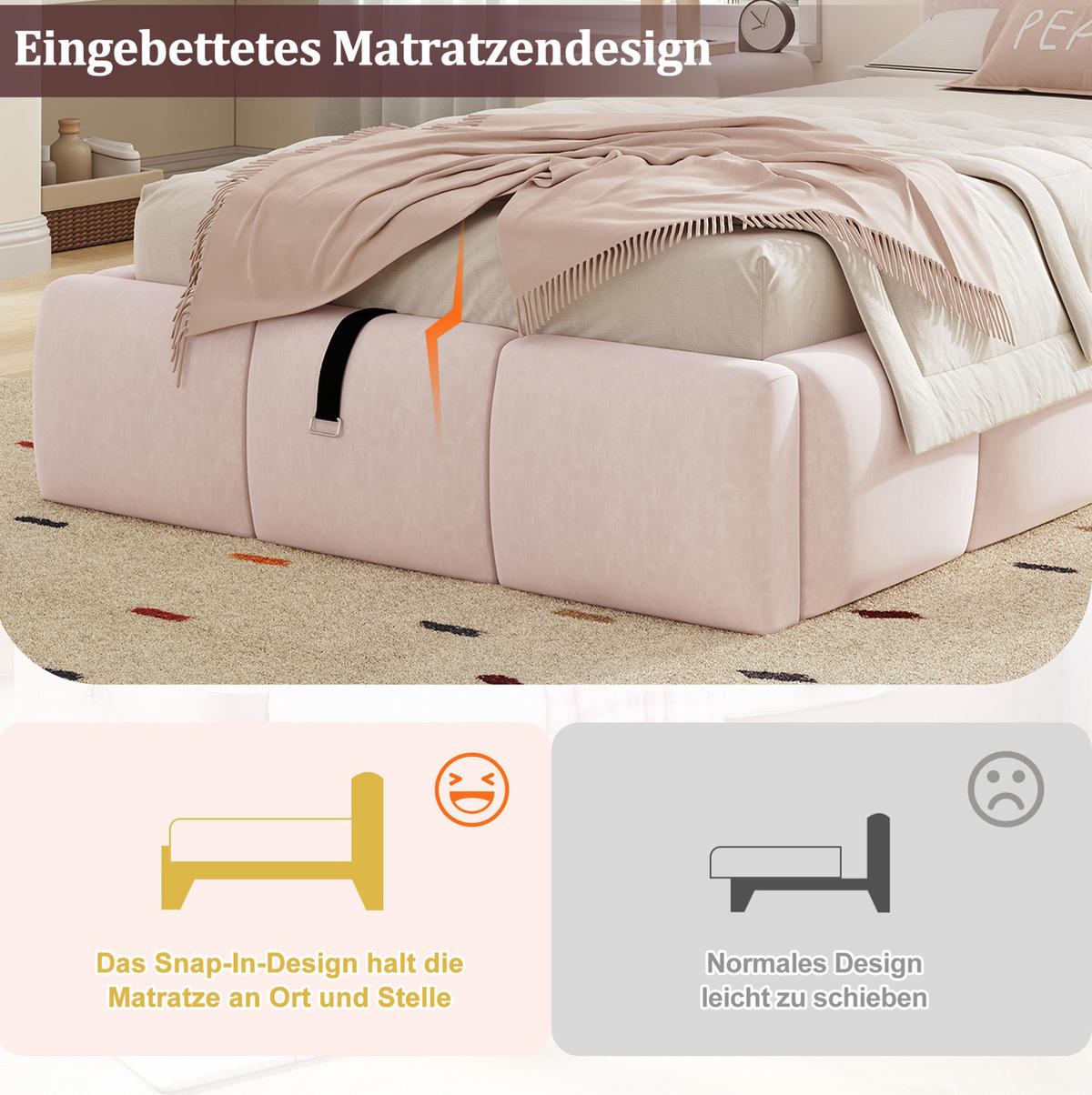 POLSTERBETT 90/200 cm mit Lattenrost, hydraulischem Stauraum und USB-C-Anschluss, Rosa - Pink, Textil (90/200cm) - Redom
