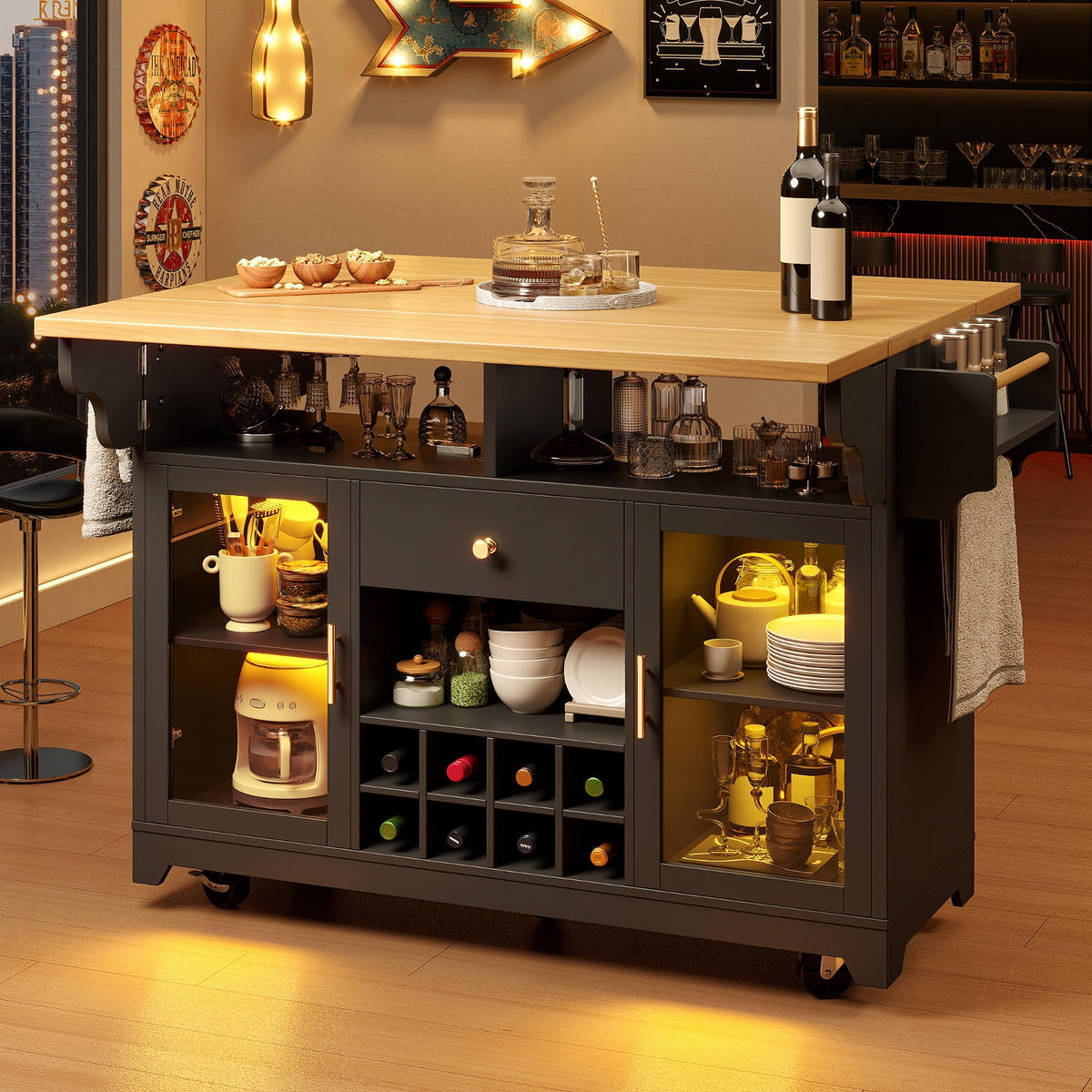 KÜCHENINSEL BEIDSEITIG AUSKLAPPBAR, Mit RGB LED Beleuchtung, 120/80/95 cm - Schwarz, Holzwerkstoff (80/95/120cm) - Rolipo