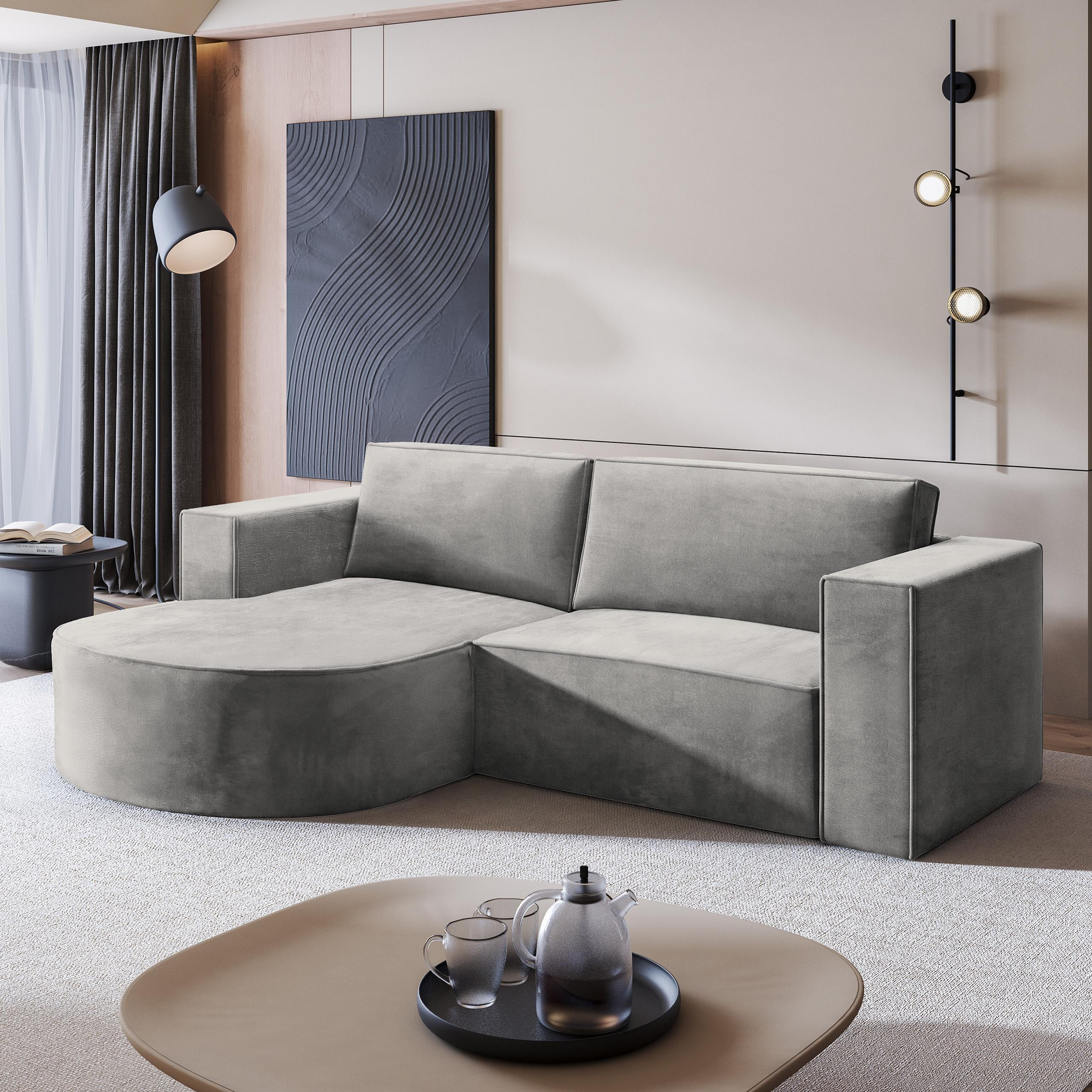 ECKSOFA SORELA M L-S Hellgrau Velours-Stoff mit Schlaffunktion - Hellgrau, Holz (263/174cm) - MASSENO