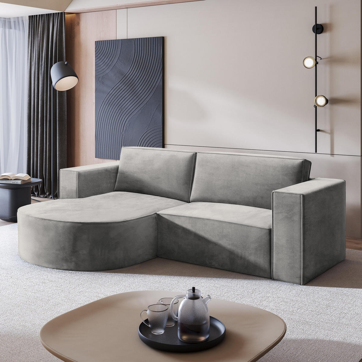 ECKSOFA SORELA M L-S Hellgrau Velours-Stoff mit Schlaffunktion - Hellgrau, Holz (263/174cm) - MASSENO